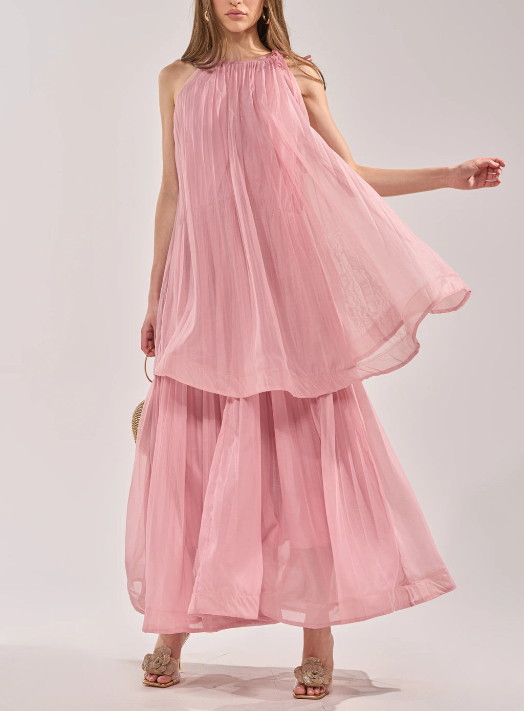 Pleated Chiffon Tiered Maxi Dress With Self‑Tie Straps & Belt