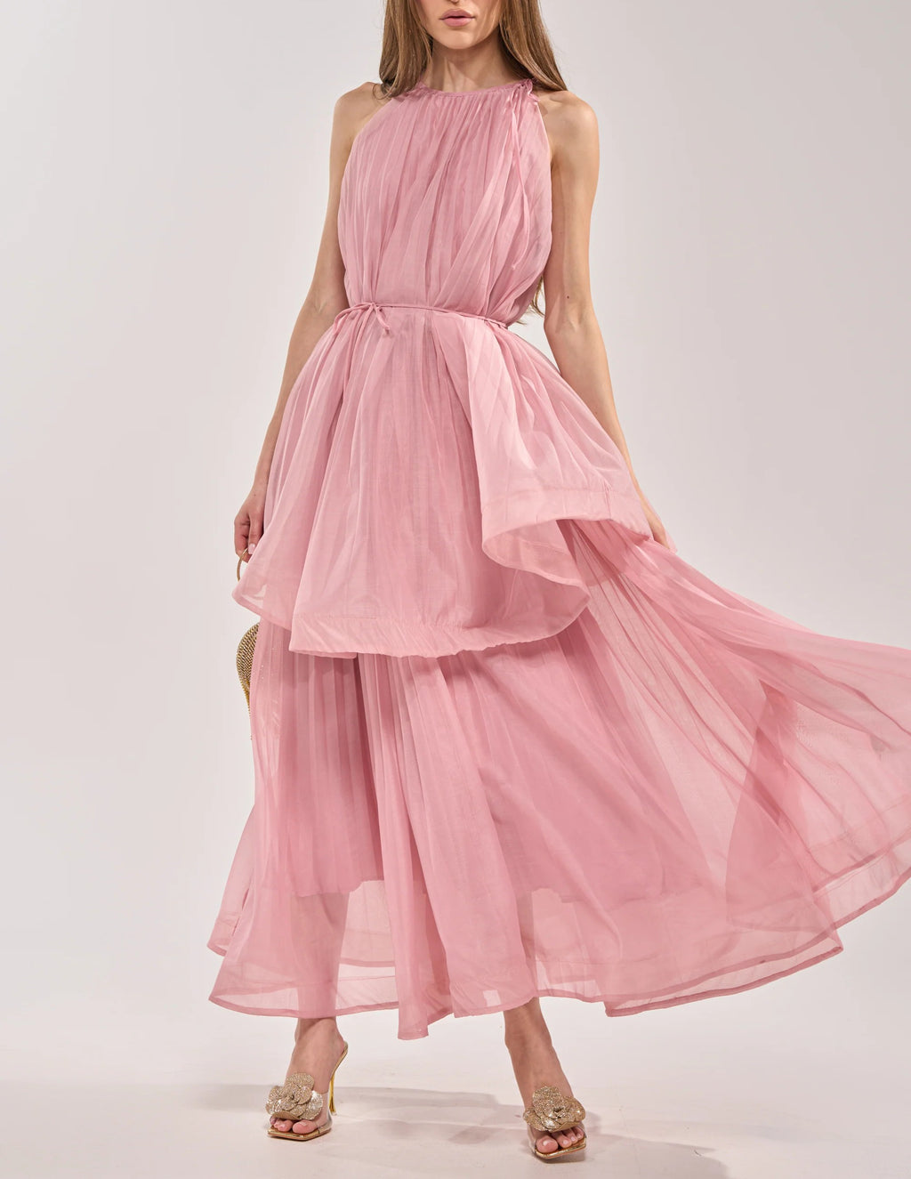 Pleated Chiffon Tiered Maxi Dress With Self‑Tie Straps & Belt