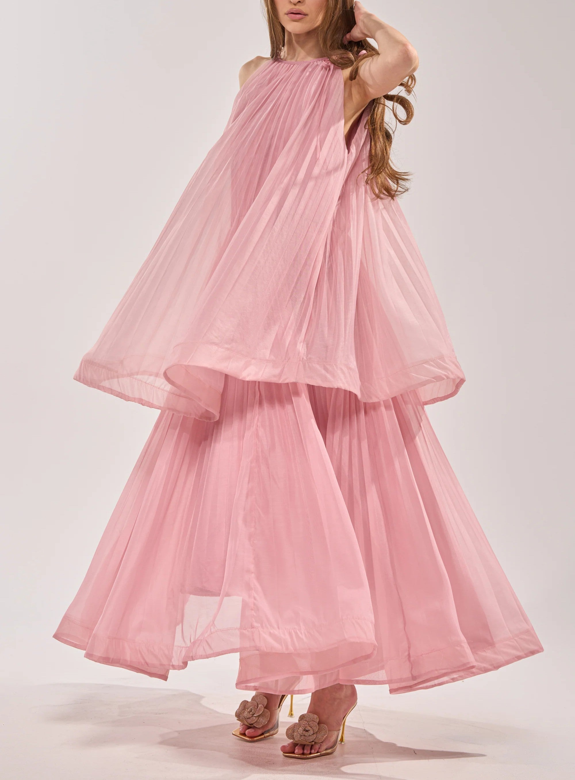 Pleated Chiffon Tiered Maxi Dress With Self‑Tie Straps & Belt