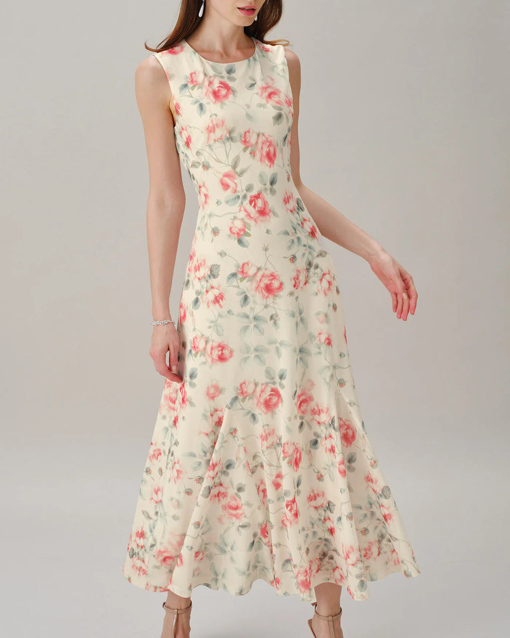 Round Neck Sleeveless Floral Print A‑Line Maxi Dress