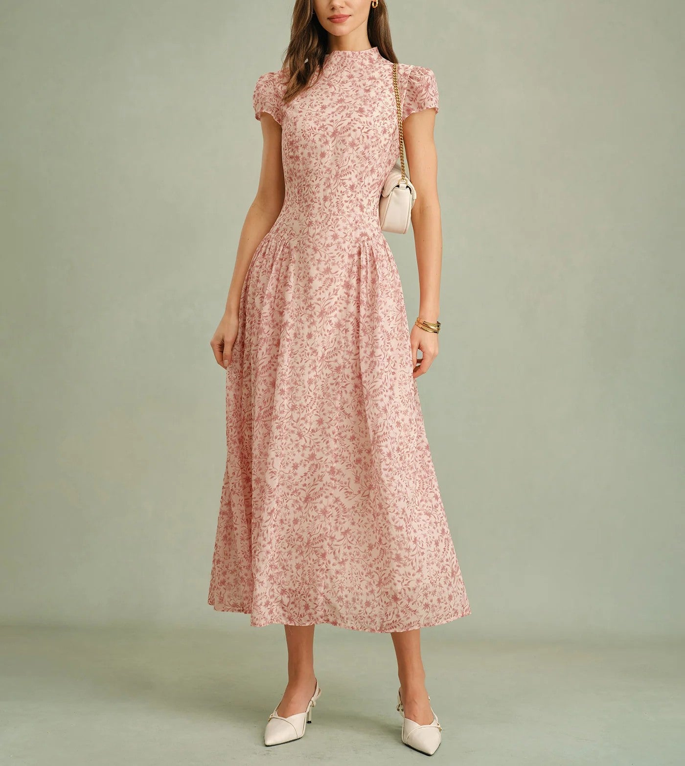 Mock Neck Cap Sleeve Floral Print A‑Line Chiffon Maxi Dress