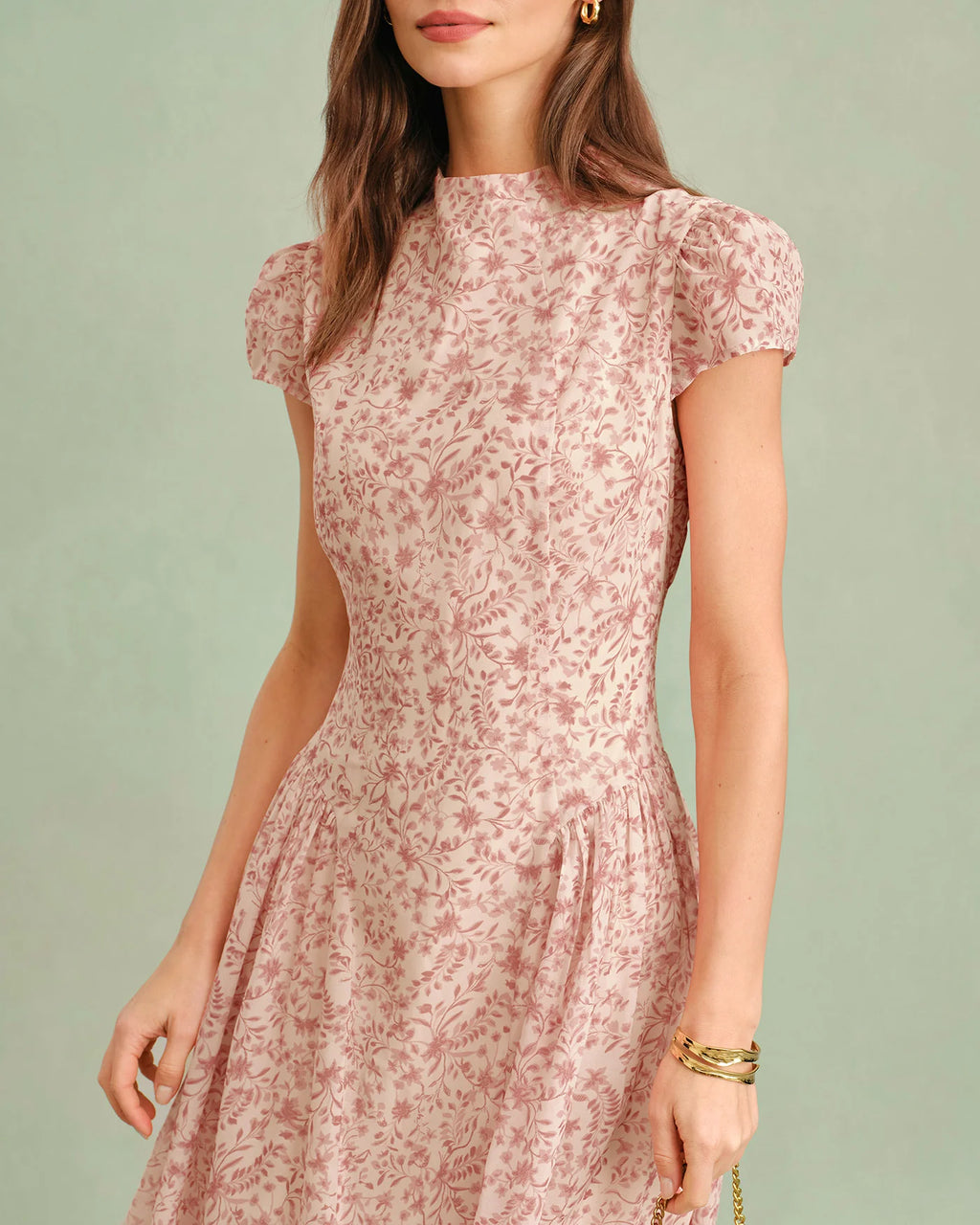 Mock Neck Cap Sleeve Floral Print A‑Line Chiffon Maxi Dress