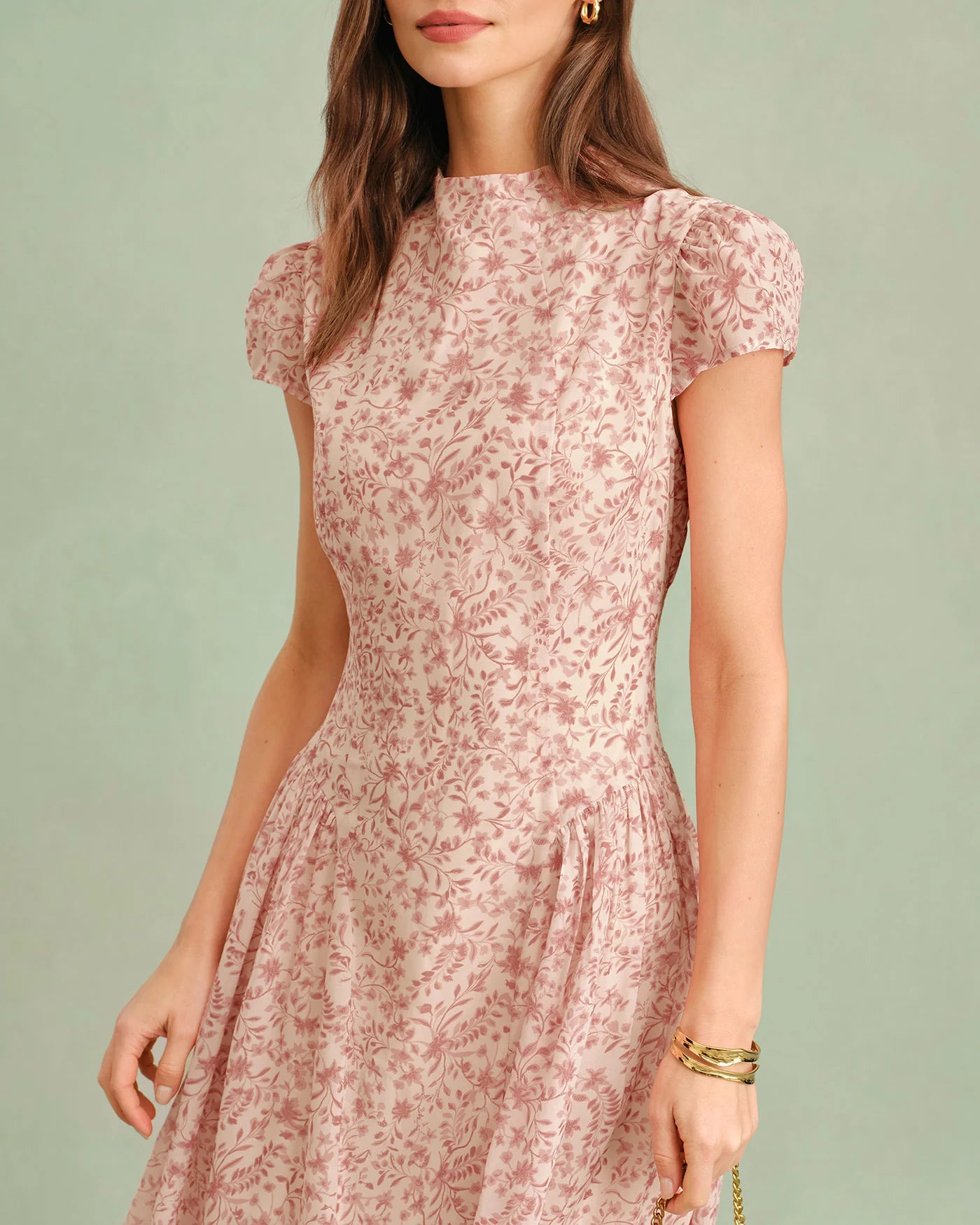 Mock Neck Cap Sleeve Floral Print A‑Line Chiffon Maxi Dress