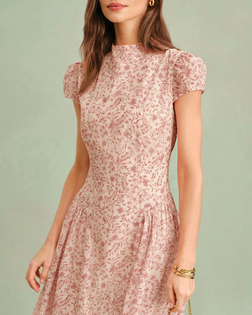 Mock Neck Cap Sleeve Floral Print A‑Line Chiffon Maxi Dress