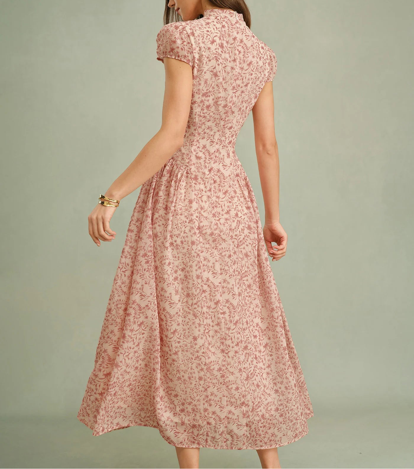 Mock Neck Cap Sleeve Floral Print A‑Line Chiffon Maxi Dress