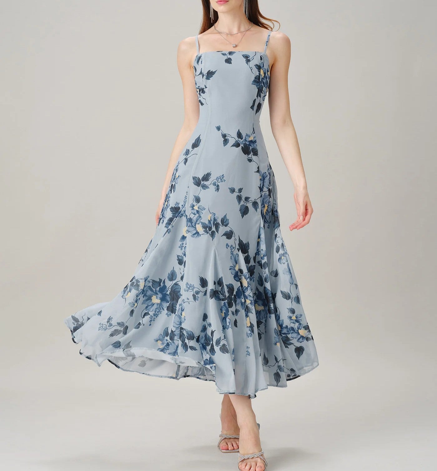 Spaghetti Strap Floral Chiffon A‑Line Maxi Dress