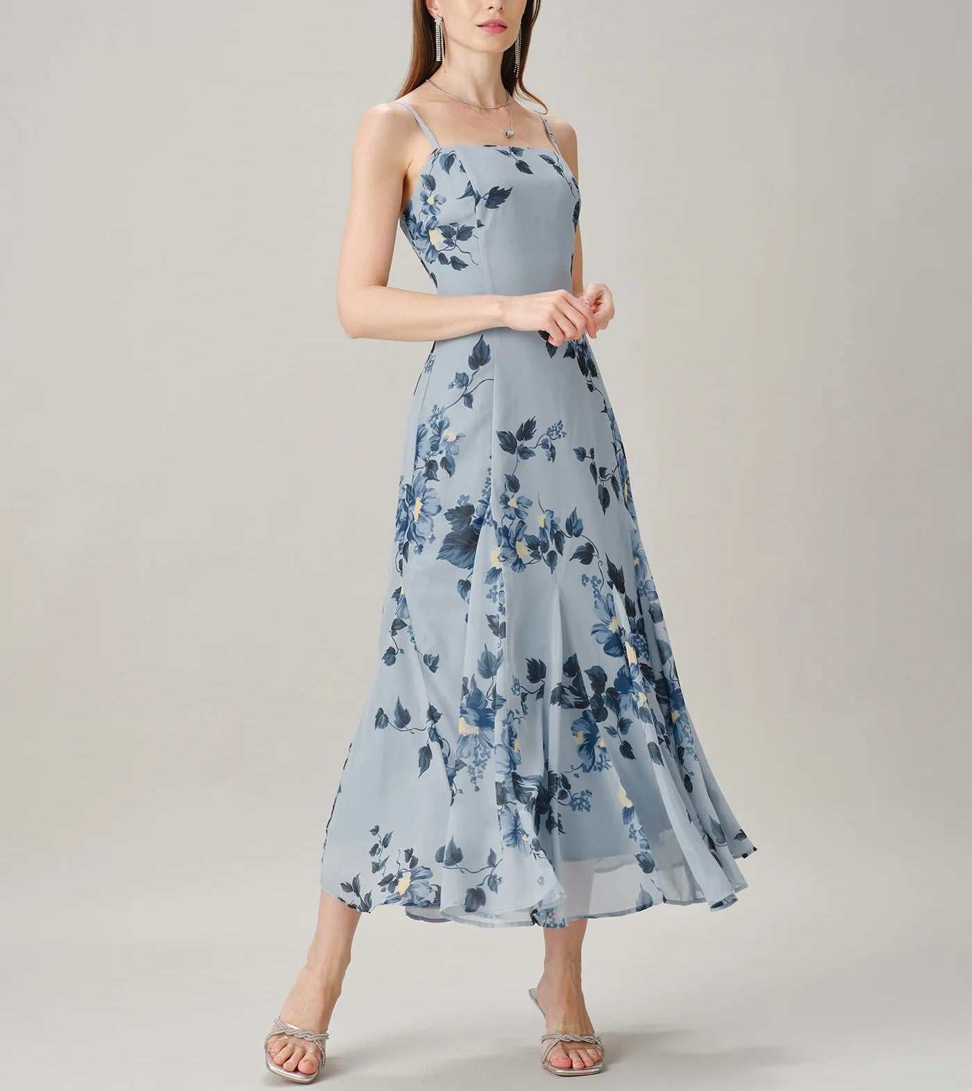 Spaghetti Strap Floral Chiffon A‑Line Maxi Dress