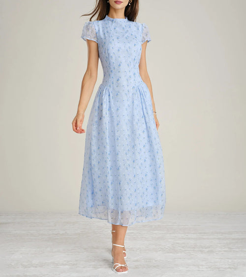 Mock Neck Cap‑Sleeve Floral Chiffon A‑Line Midi Dress