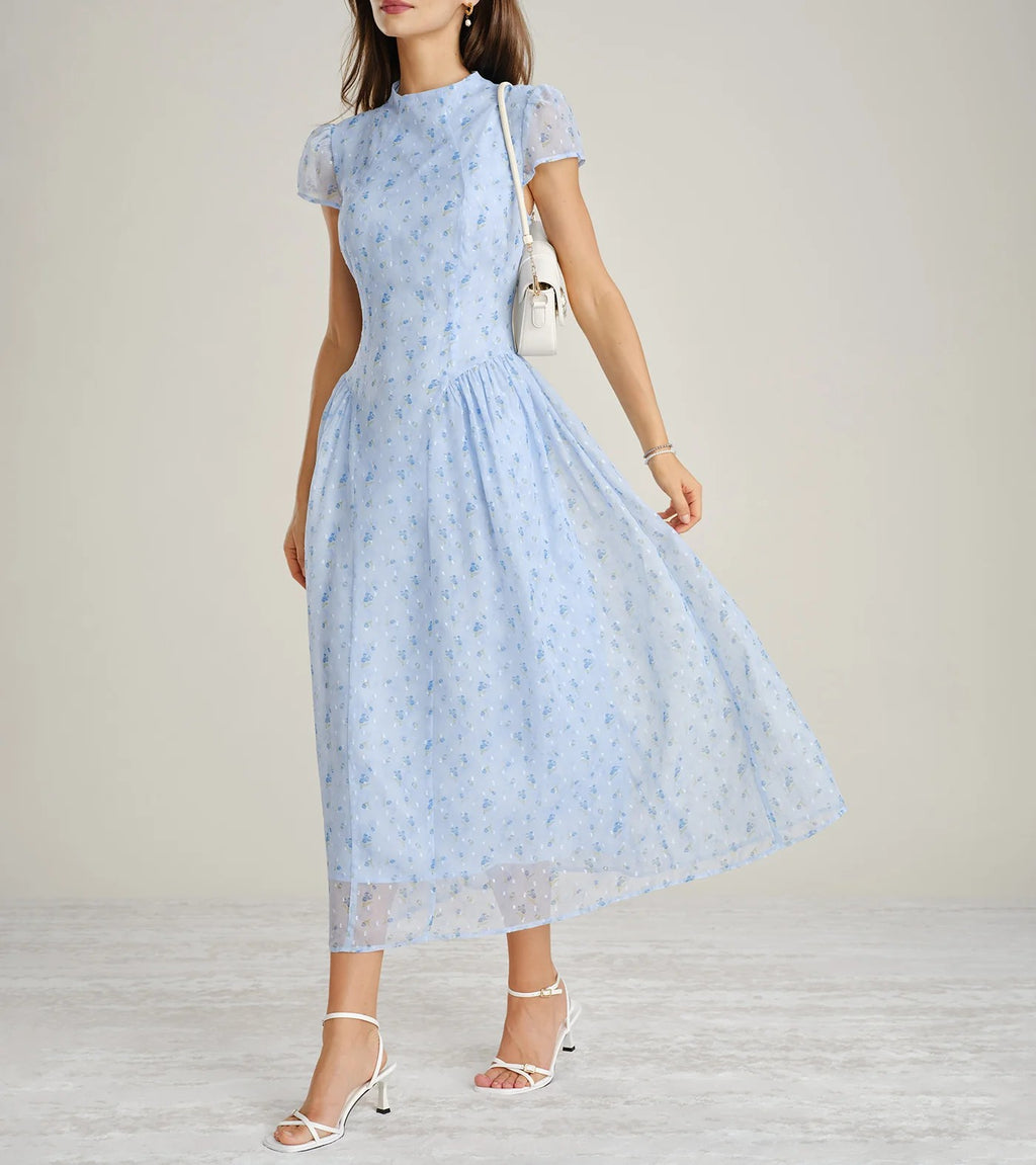 Mock Neck Cap‑Sleeve Floral Chiffon A‑Line Midi Dress