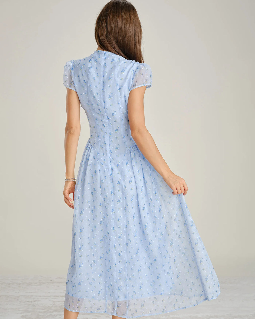 Mock Neck Cap‑Sleeve Floral Chiffon A‑Line Midi Dress