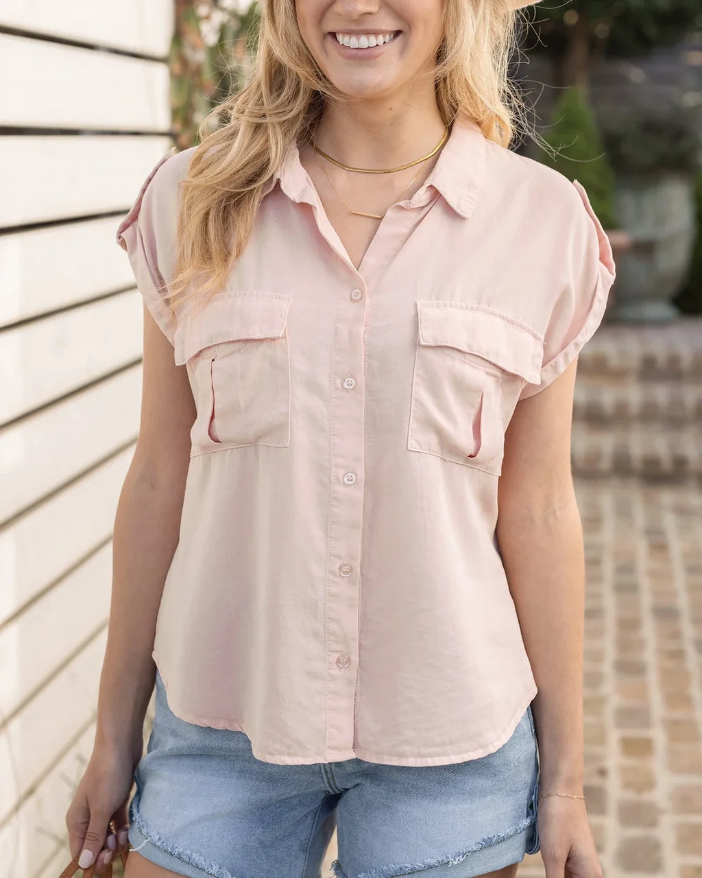 Blush Tencel Lyocell Button‑Down Utility Top With Chest Pockets