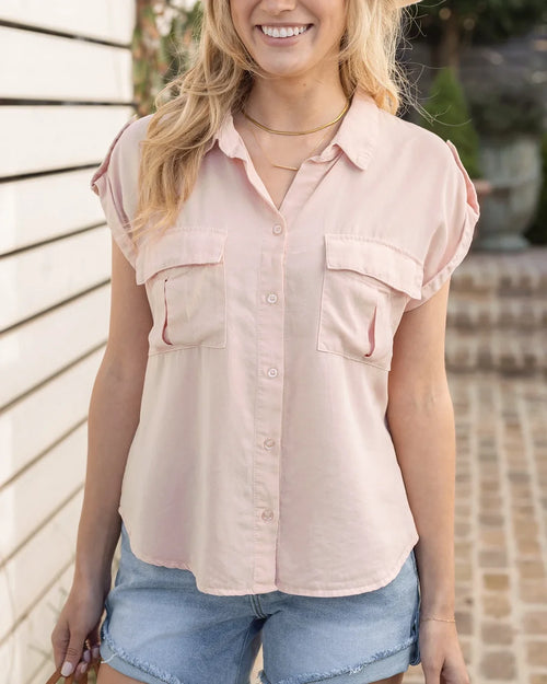 Blush Tencel Lyocell Button‑Down Utility Top With Chest Pockets