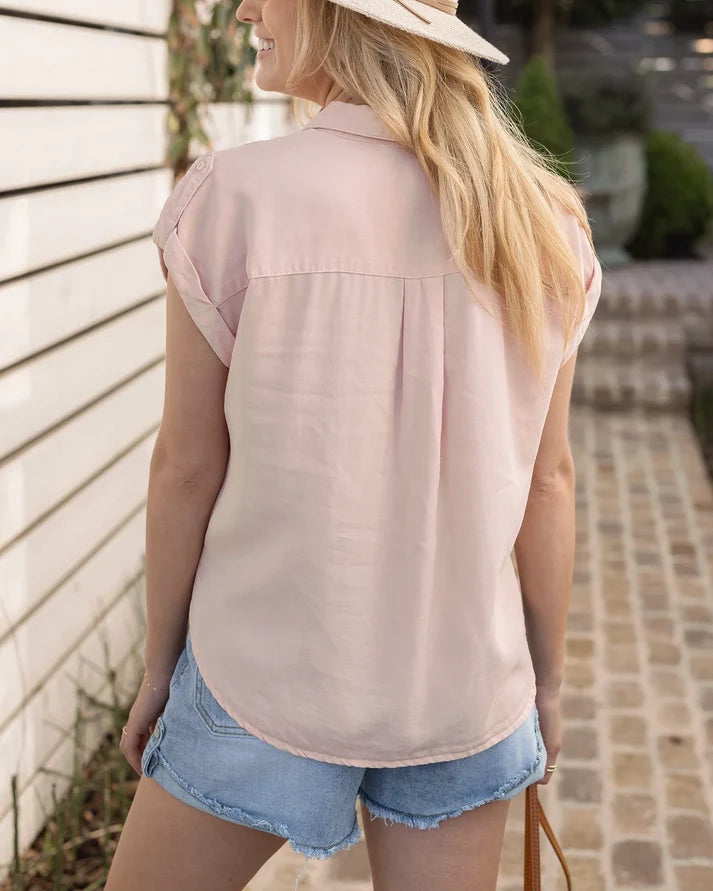 Blush Tencel Lyocell Button‑Down Utility Top With Chest Pockets