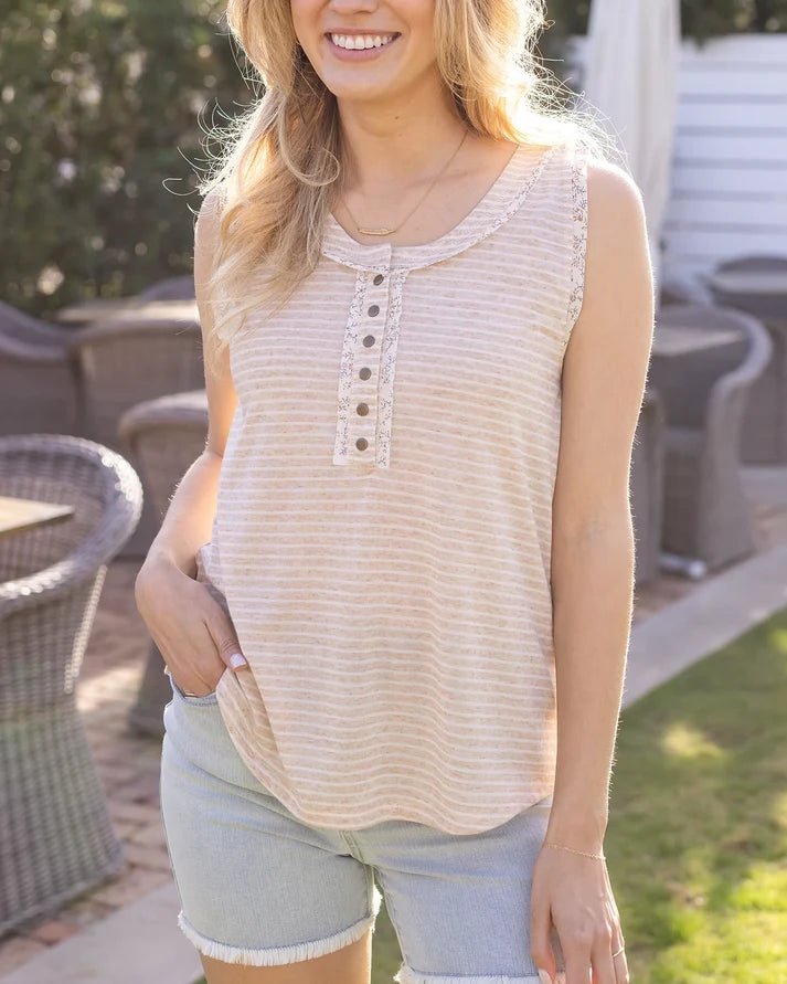 Natural Stripe Henley Snap‑Front Linen‑Blend Sleeveless Tank Top