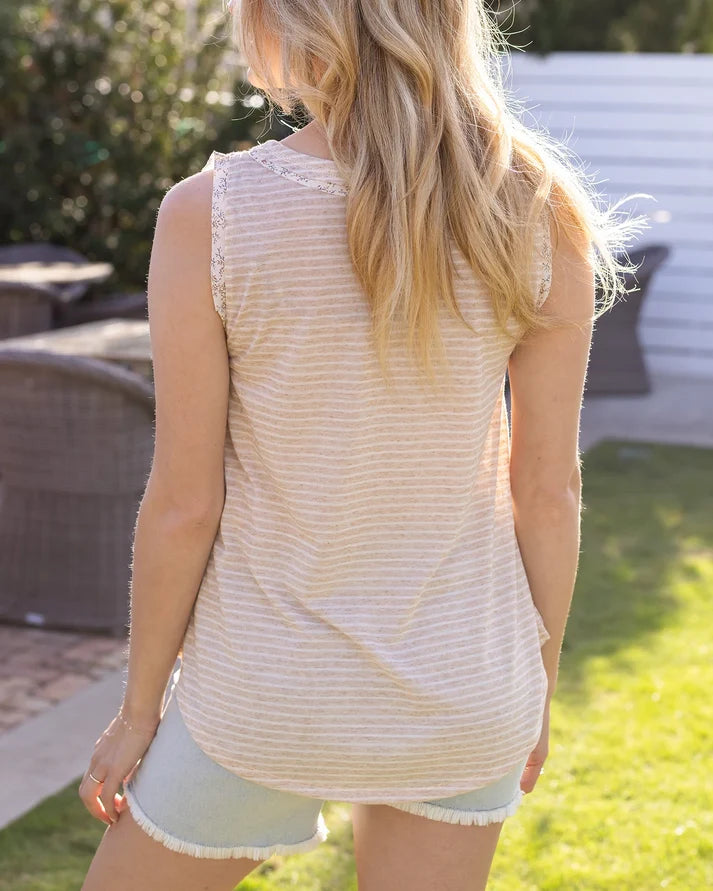 Natural Stripe Henley Snap‑Front Linen‑Blend Sleeveless Tank Top