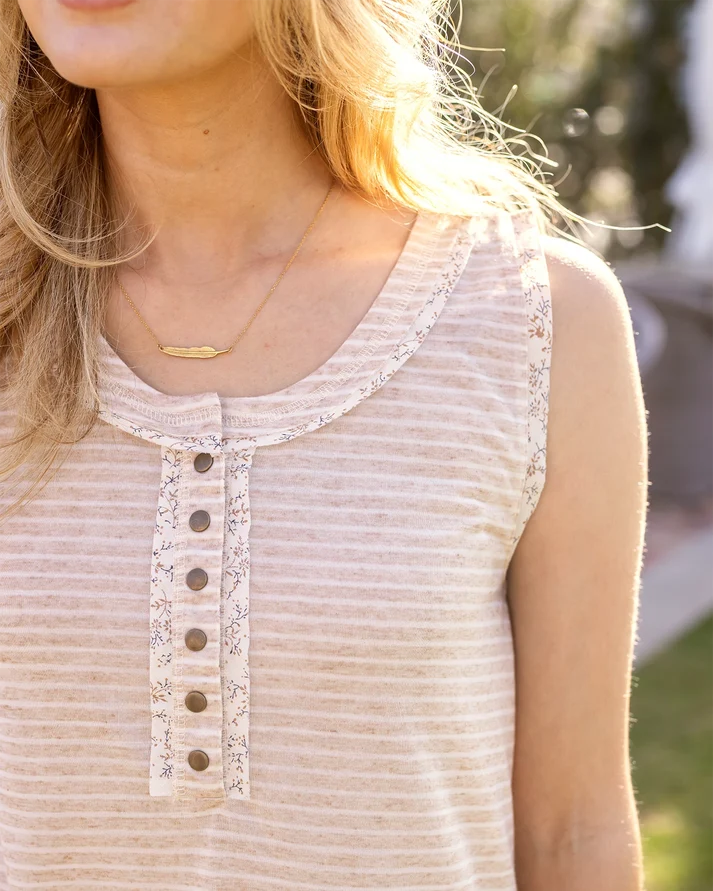 Natural Stripe Henley Snap‑Front Linen‑Blend Sleeveless Tank Top
