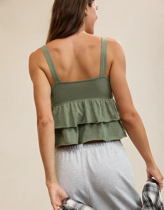 Ruffle Tiered Bow‑Detail Cropped Cotton Tank Top