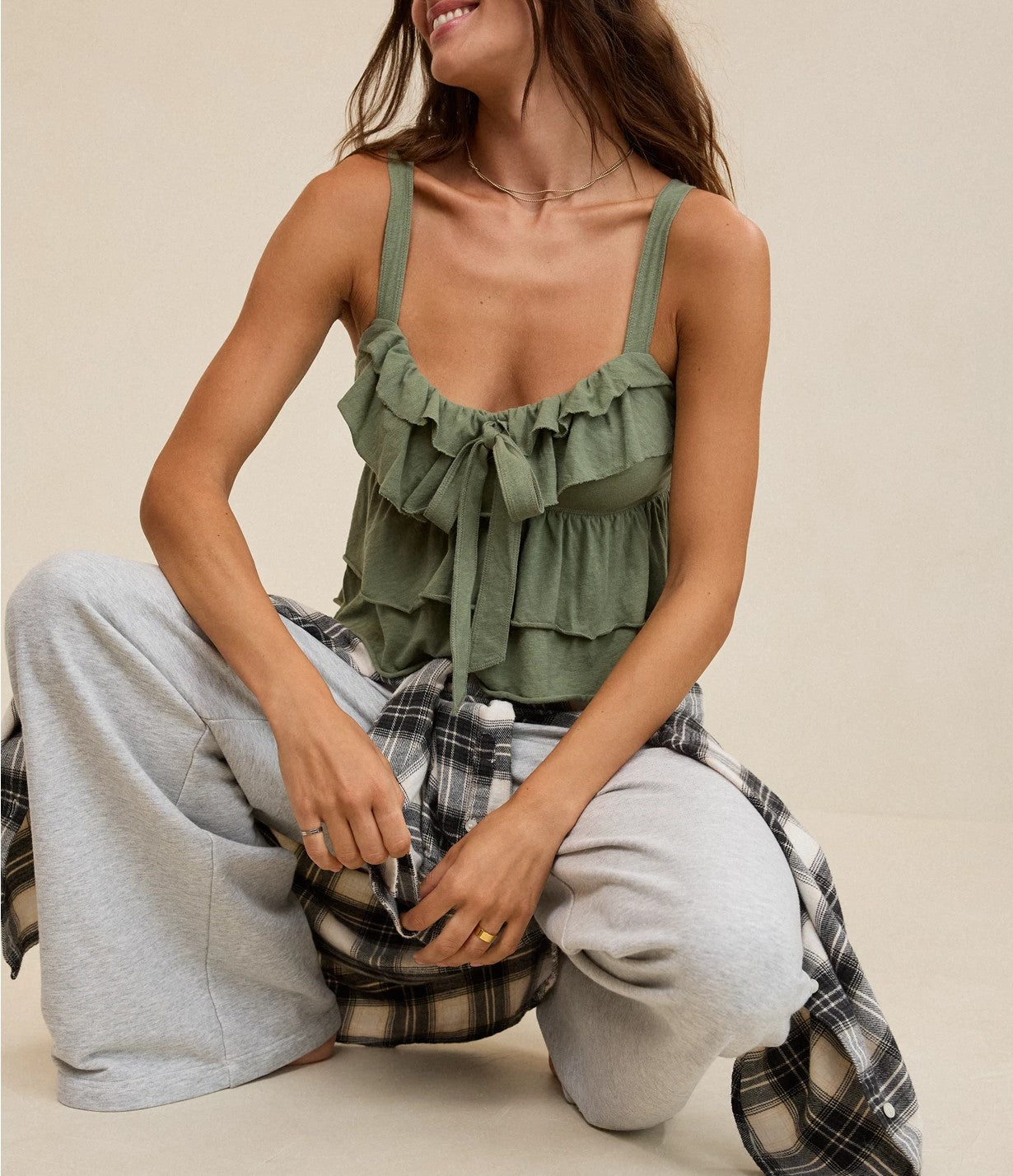 Ruffle Tiered Bow‑Detail Cropped Cotton Tank Top
