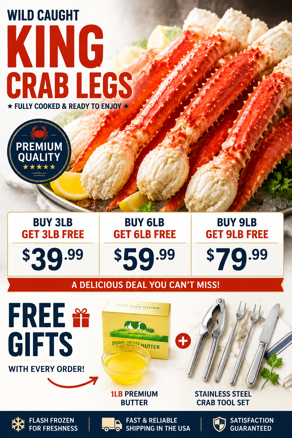 🦀 Premium Wild Caught King Crab Legs — Giant Size, Sweet Tender Meat | Buy 3LB Get 3LB FREE + Free Butter & Crab Tools